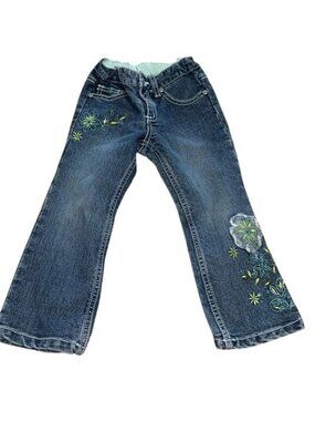 Pumpkin Patch Girls Embroidered Denim Jeans Size 3 Adjustable Waist Floral Desig